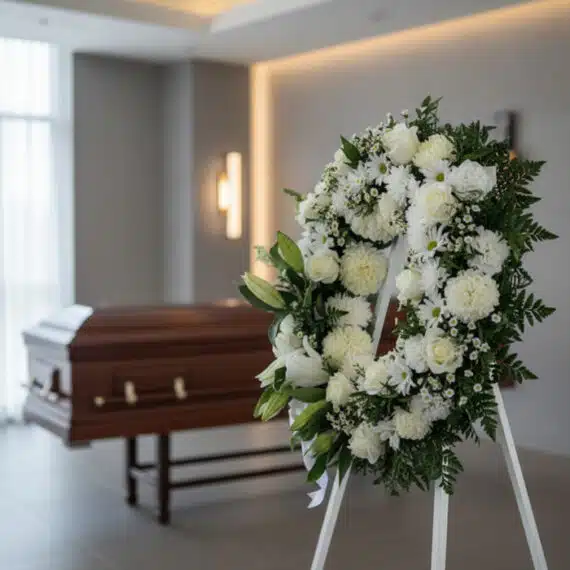 Corona fúnebre 'Homenaje Sincero' con flores blancas como rosas, lirios y crisantemos, sobre un caballete blanco en una sala