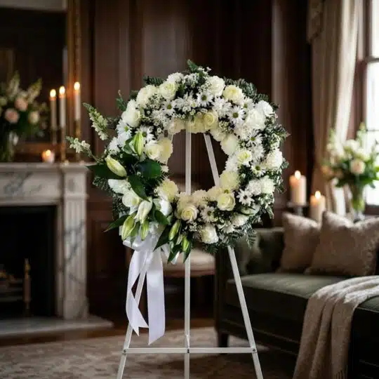 Corona fúnebre Homenaje Sincero con rosas blancas, lirios y margaritas, sobre un caballete en una sala de velación premium co