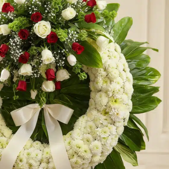 Fotografía macro premium de la Corona Fúnebre "Legado de Hildegarda" con rosas blancas y rojas, follaje verde, rocío sutil y