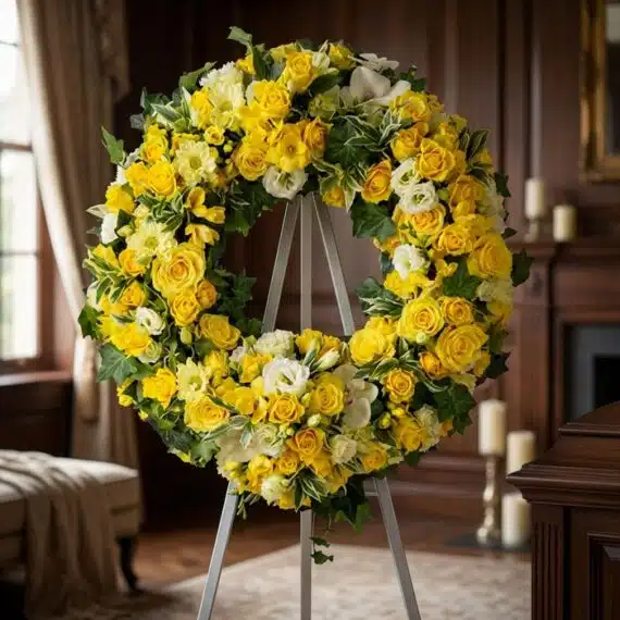 Corona Fúnebre Legado de Paz para Benjamin: Elegancia Floral Amarilla Corona fúnebre Legado de Paz para Benjamin, con rosas amarillas, flores blancas y follaje verde, exhibida en una sala de vela