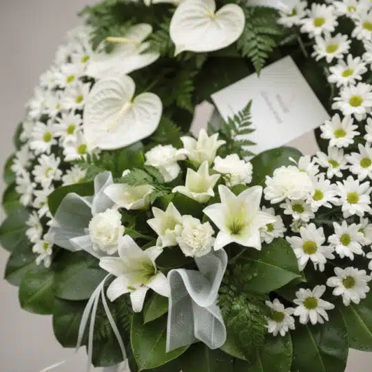 Primer plano de una corona fúnebre "Legado de Paz" con lirios blancos, margaritas y anthuriums, follaje verde oscuro con rocí