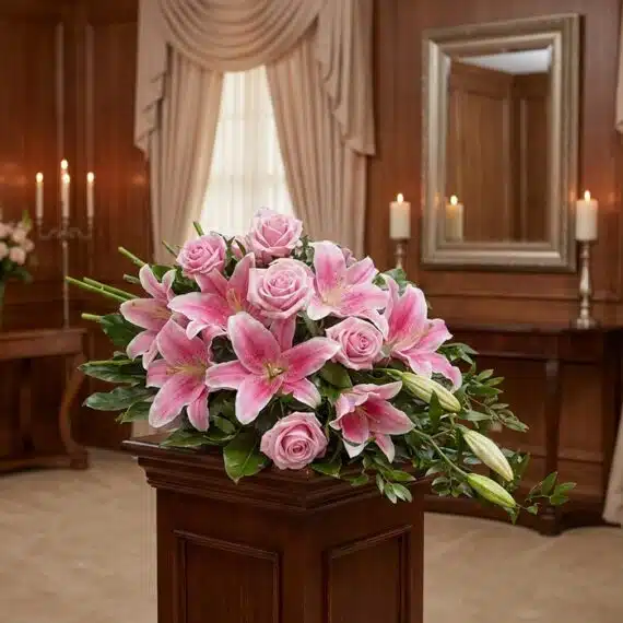 Corona Fúnebre Lino: Elegante Homenaje Floral con Rosas y Lirios Corona fúnebre Lino con rosas rosadas y lirios, exhibida elegantemente en una sala de velación con iluminación cálida y fondo