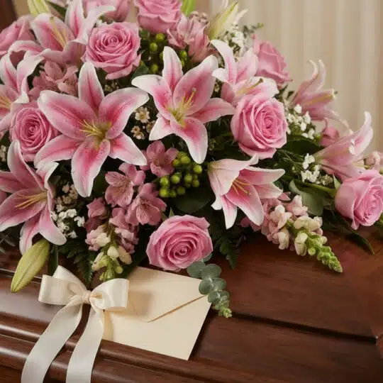 Cubre caja fúnebre Ifigenia con rosas rosadas, lirios y follaje verde, con rocío sutil y cinta satinada, en una fotografía ma