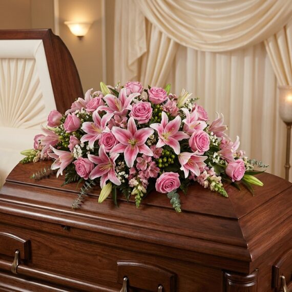 Cubre Caja Fúnebre Ifigenia: Rosas y Lirios Rosados para Homenaje Cubre caja fúnebre Ifigenia con rosas y lirios rosados, eucalipto y follaje verde, elegantemente dispuesto sobre un ataúd de