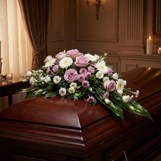 Cubre caja fúnebre "Jardín de Ines" con rosas lilas, margaritas blancas y flores moradas sobre un ataúd de madera oscura en u