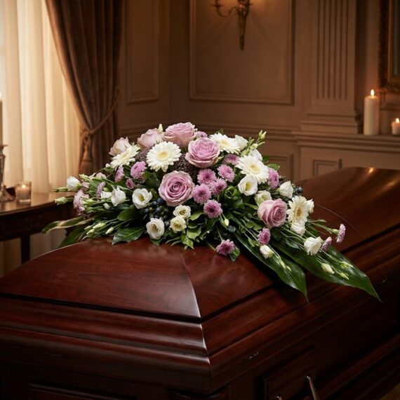 Sereno Cubre Caja Fúnebre «Jardín de Ines» 🕊️: Elegancia y Respeto Cubre caja fúnebre "Jardín de Ines" con rosas lilas, margaritas blancas y flores moradas sobre un ataúd de madera oscura en u