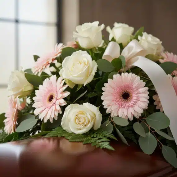 Primer plano de un cubre caja fúnebre con rosas blancas, gerberas rosadas y follaje verde, con rocío sutil y cinta satinada.