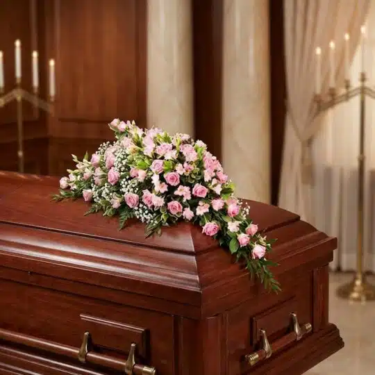 Cubre caja fúnebre elegante con rosas rosadas y follaje verde, delicadamente dispuesto sobre un ataúd de madera oscura en un