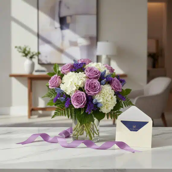 Jarron Floral VITTORIA con rosas lilas, hortensias blancas y flores azules, sobre marmol con tarjeta de regalo y cinta morada
