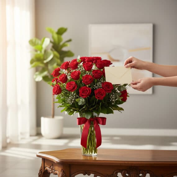 Manos delicadas colocando una tarjeta en un jarrón GINEVRA con 80 rosas rojas frescas, listo para regalar en un ambiente lumi