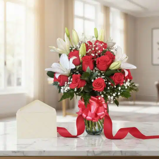 Jarrón Otoño con un exuberante arreglo floral de rosas rojas vibrantes, lirios blancos puros y follaje verde, atado con una c