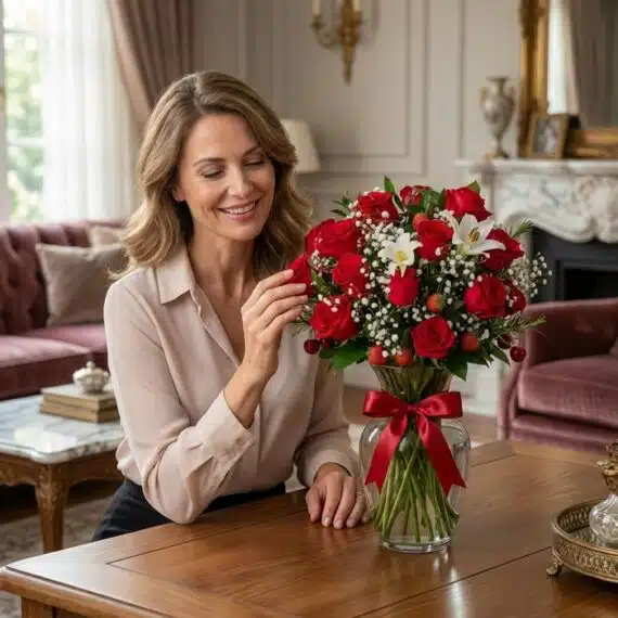 Mujer sonriente admira el Jarrón Todo Para Ti, un arreglo floral con rosas rojas, lirios blancos, fresas y cerezas, en un luj