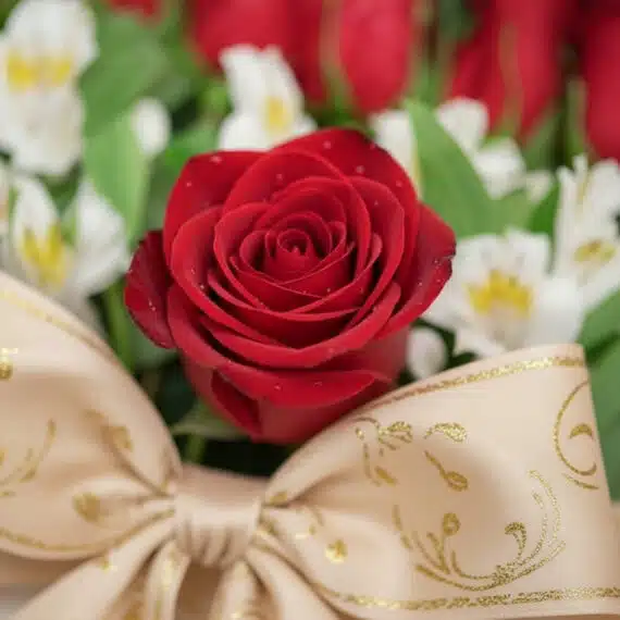 Primer plano extremo de una rosa roja vibrante con gotas de rocío, pétalos suaves y textura hiperrealista, sobre un fondo flo