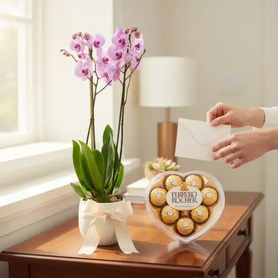 Arreglo premium Orquídea GALA con flores moradas y chocolates Ferrero Rocher en caja de corazón, sobre mesa de madera con man