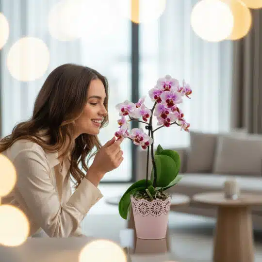 Mujer joven sonriente admirando de cerca una orquídea Phalaenopsis Antonella en maceta rosa, en un entorno de hogar lujoso y