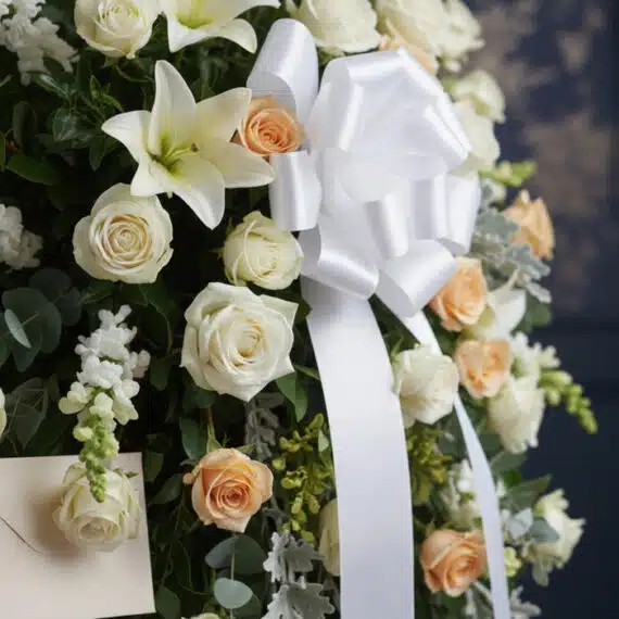 Fotografía macro de un arreglo fúnebre con rosas blancas, rosas melocotón y lirios blancos, con rocío sutil y una cinta satin
