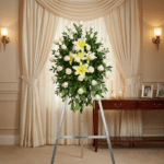 Pedestal fúnebre "Luz de Jacinta" con rosas blancas y lirios amarillos, en una elegante sala de velación con iluminación cáli
