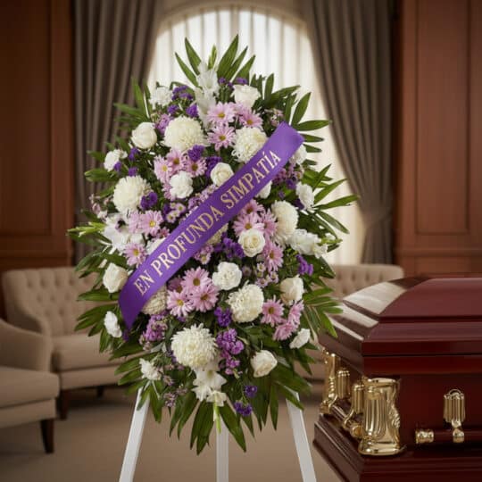 Pedestal fúnebre con flores blancas y moradas, cinta morada con mensaje 'En Profunda Simpatía', junto a un ataúd en sala de v