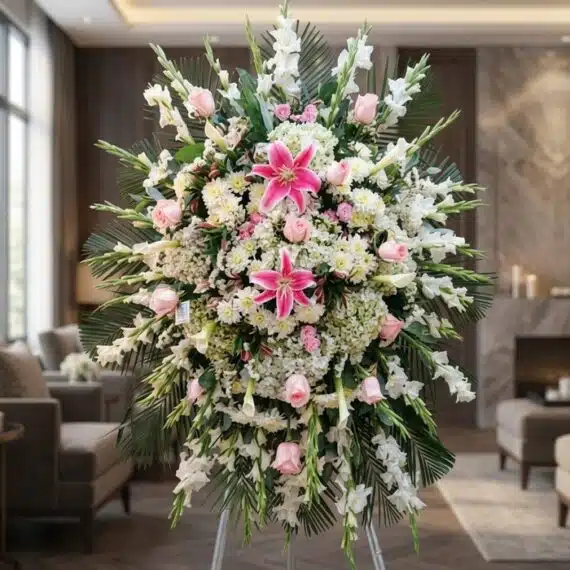 Pedestal Fúnebre Pasión: Elegancia Floral para Homenajes y Condolencias Pedestal fúnebre 'Pasión' con lirios rosados, rosas pálidas y gladiolos blancos, en sala de velación premium con luz natural.