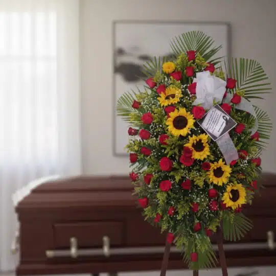 Pedestal fúnebre solemne con girasoles vibrantes y rosas rojas, en una sala de velación moderna con ataúd desenfocado al fond