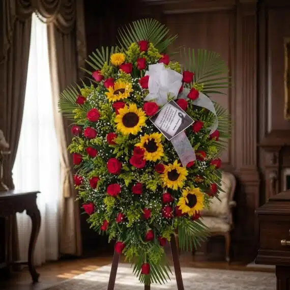 Pedestal Fúnebre Solemne: Rosas Rojas y Girasoles Vibrantes Pedestal fúnebre solemne con rosas rojas, girasoles y follaje verde, presentado en una elegante sala de velación con luz natu