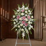 Pedestal floral funerario "El Legado de Josafat" con lirios rosas, rosas blancas y gladiolos en sala de velación elegante.
