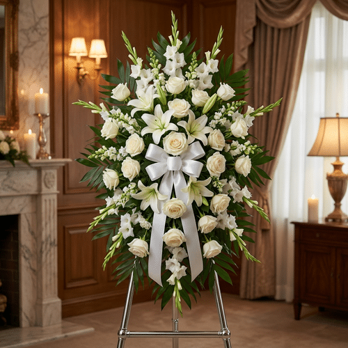 Pedestal de honor Abdon con rosas blancas, lirios y gladiolos en una elegante sala de velación, ideal para homenajes póstumos
