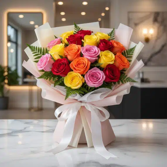 Ramillete o Bouquet de Rosas Multicolor: Frescura y Elegancia para Regalar Ramillete o bouquet de 18 rosas multicolor (rojas, amarillas, naranjas, rosas) con empaque coreano elegante sobre mesa de már