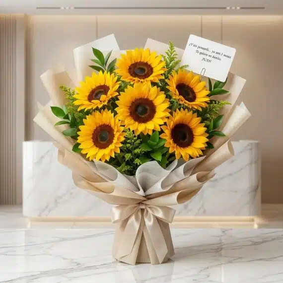 Ramillete de Girasoles Frescos con Empaque Coreano Elegante Ramillete de seis girasoles grandes y vibrantes con follaje verde, envuelto en papel coreano beige y blanco con un lazo de sa