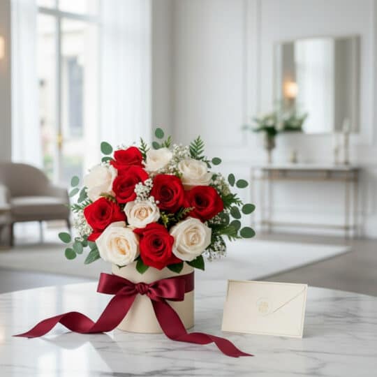 Ramillete o Bouquet Dulce Despertar con rosas rojas y blancas en caja, cinta de satén y tarjeta de regalo sobre mármol.