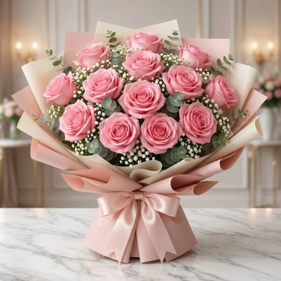 Ramillete de Rosas Rosadas con Empaque Coreano Elegante Ramillete o bouquet de 12 rosas rosadas grandes y abiertas con follaje, envuelto en papel coreano rosa y beige, atado con un