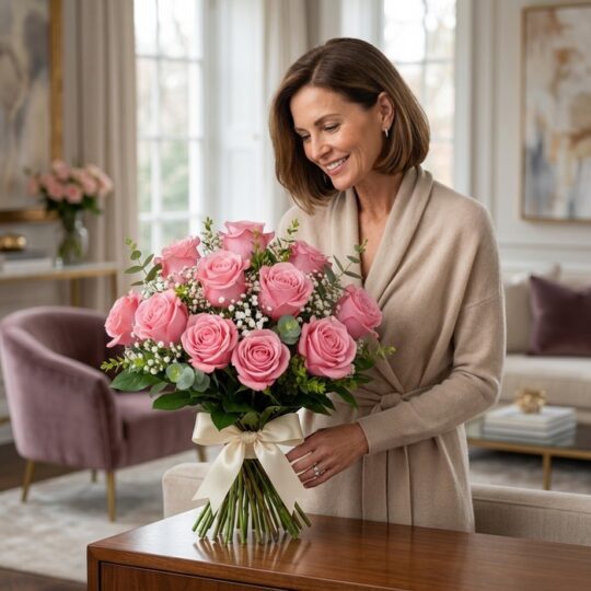 Mujer elegante admirando un hermoso ramillete de rosas rosadas frescas con follaje verde y un moño crema, en un lujoso interi