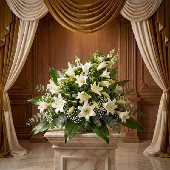 Ramo Fúnebre Abdiel: Lirios Blancos para un Adiós Respetuoso Ramo fúnebre Abdiel con lirios blancos y follaje verde, presentado elegantemente en una sala de velación con cortinas doradas