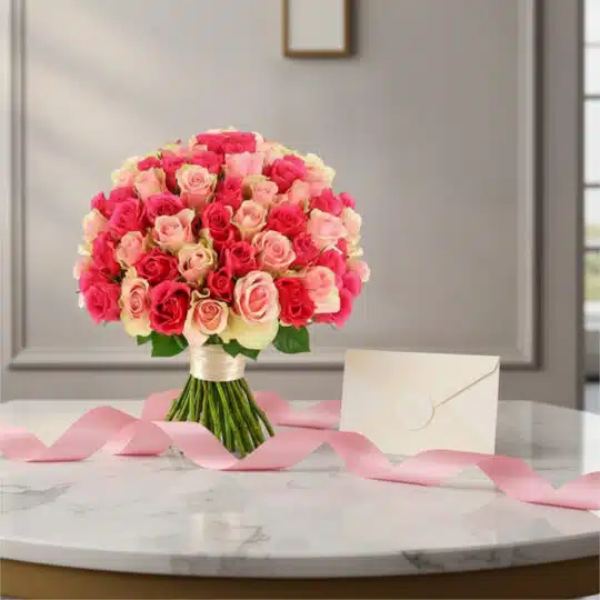 Ramo de 60 rosas fucsia y rosadas TRAVIATA sobre mesa de mármol con tarjeta de regalo y cinta rosa, listo para entregar.