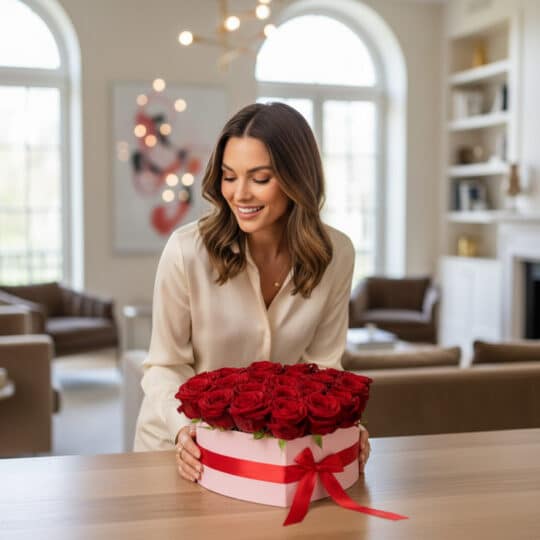 Mujer elegante admirando un arreglo floral de 24 rosas rojas premium en una caja rosa con forma de corazón y lazo rojo, en un