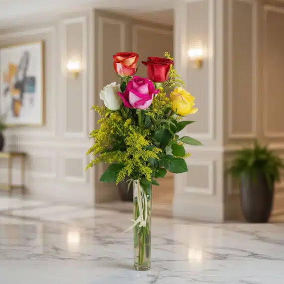 Solitario de Rosas Multicolor: Elegancia y Frescura para tu Hogar Solitario de rosas multicolor (rojas, blancas, fucsias, amarillas) en un jarrón de cristal, sobre una superficie de mármol, c